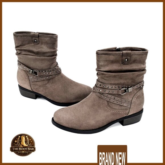 Women's Mid Calf Boots Round Toe Low Heel Slouchy Bootie Side Zipper Buckle